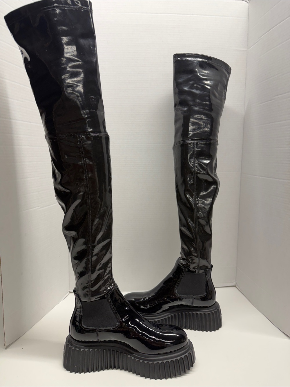AGL Over The Knee Boots Tall Pull On Patent Shiny Leather Stretch Black Size 6.5